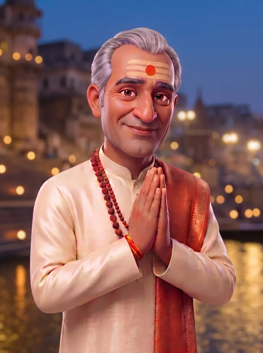 Pandit Ji at the ghats of Kashi at dusk